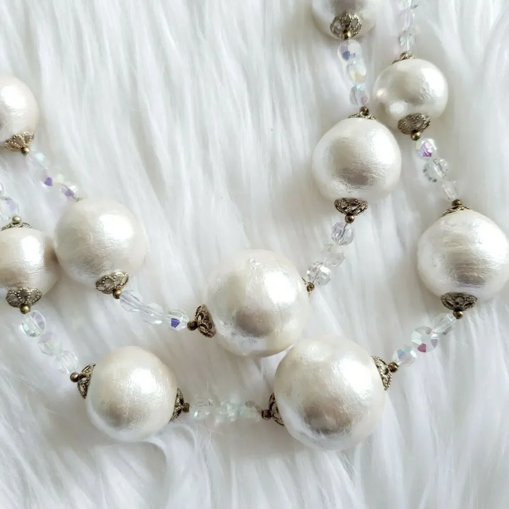 Vtg 50s double strand faux pearl snowball crystal statement necklace mid century
